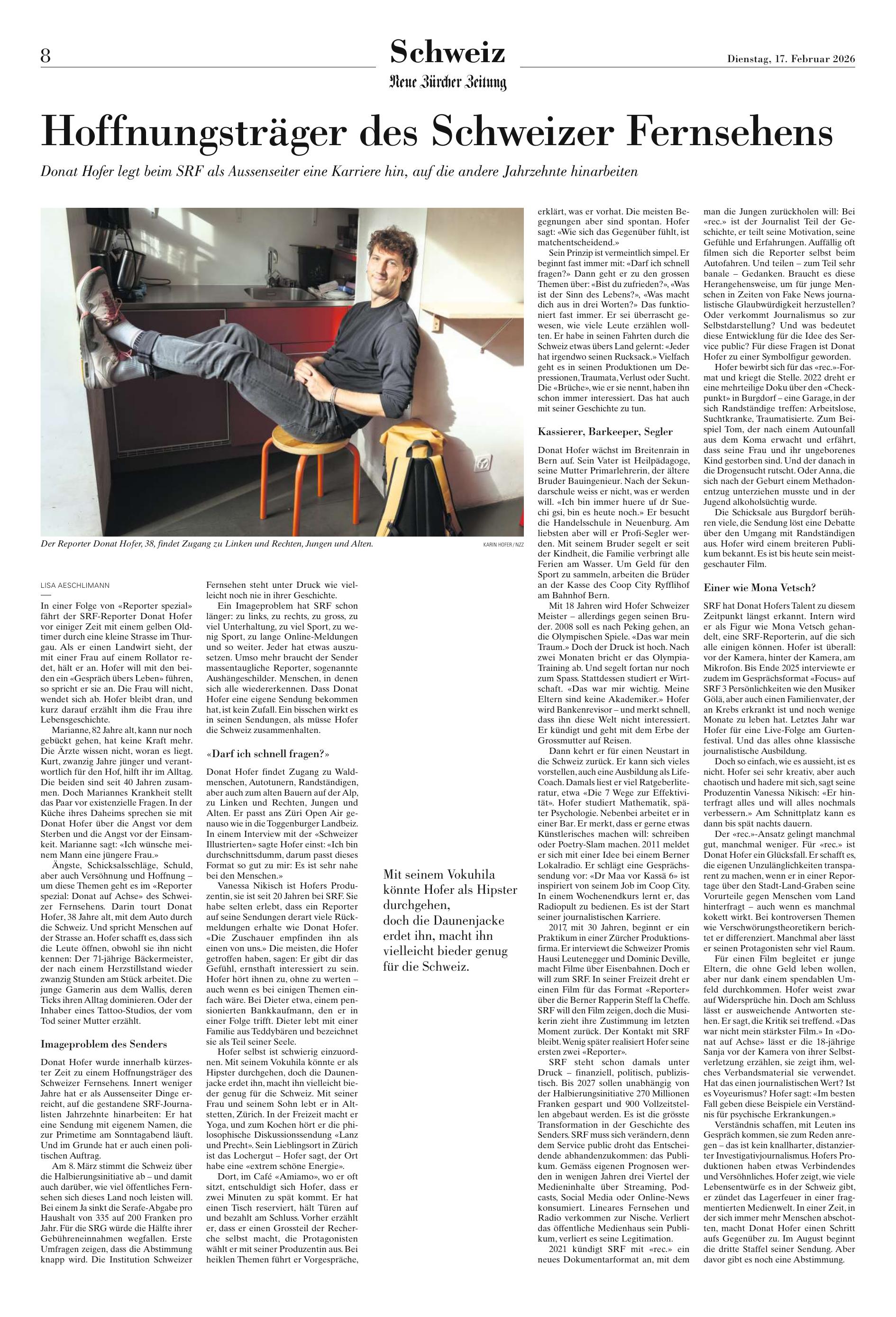 NZZ-Artikel: Hoffnungsträger des Schweizer Fernsehens